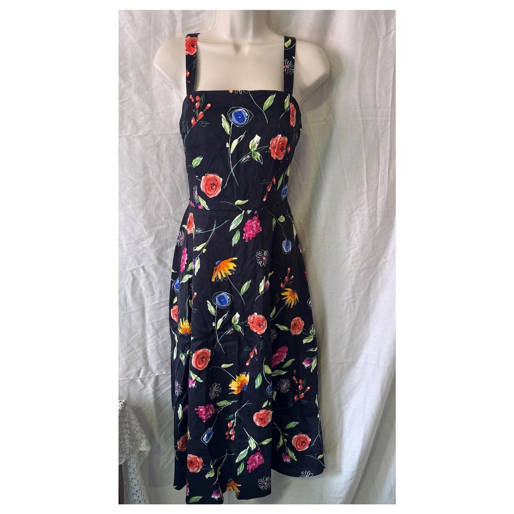 Coldwater Creek Midi Sundress Women 10P Black Floral Smocked Back Cotton Blend